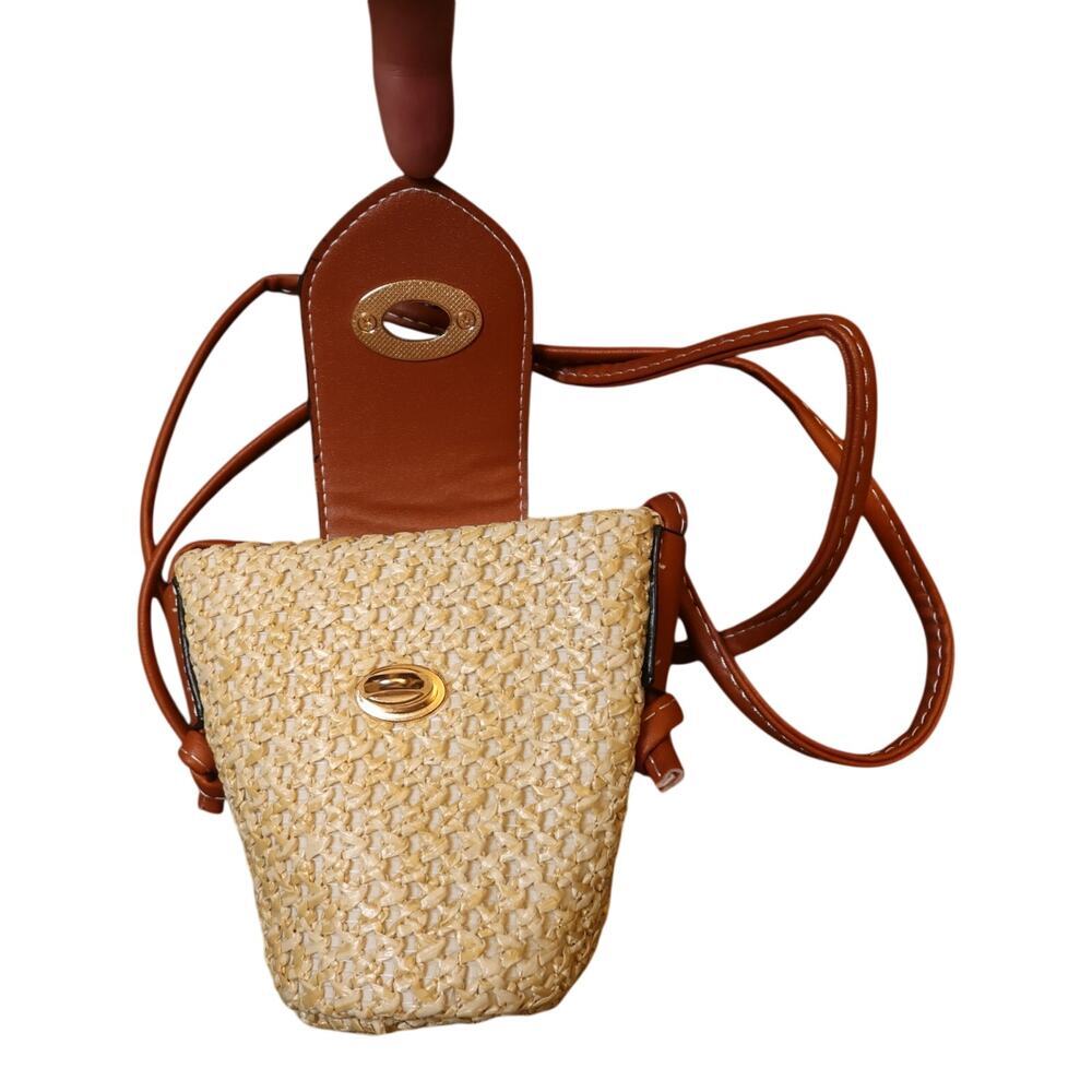 Raffia Woven Mini Crossbody Bag Turn Lock Brown Trim Straw Purse NWT - Picture 4 of 9
